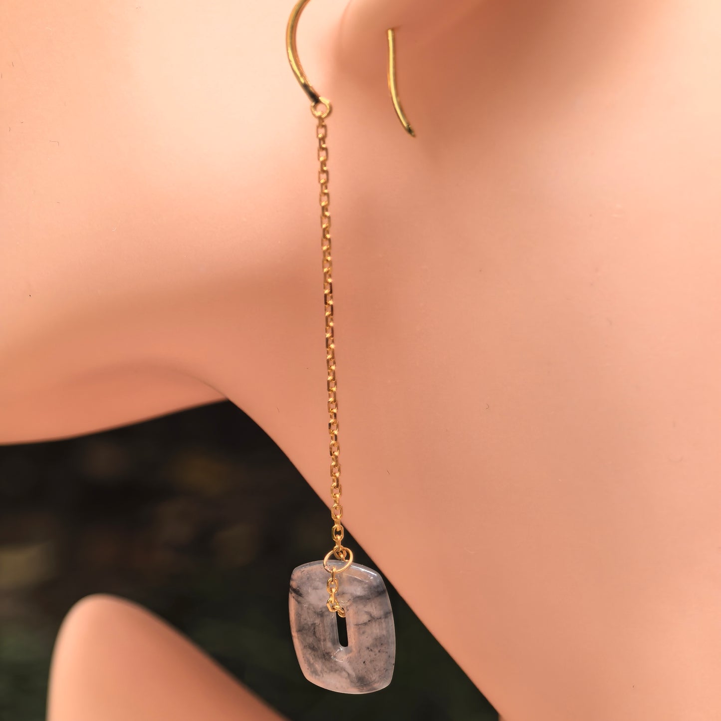 Natural Grade-A Icy Black-Gray Jadeite 18K Gold Thread Earrings · Burmese Jade