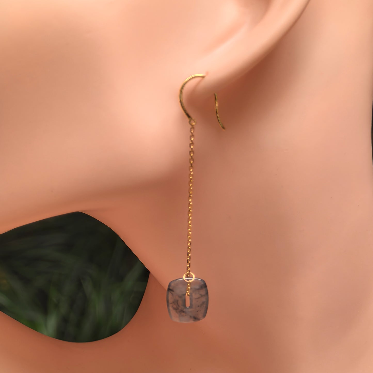 Natural Grade-A Icy Black-Gray Jadeite 18K Gold Thread Earrings · Burmese Jade