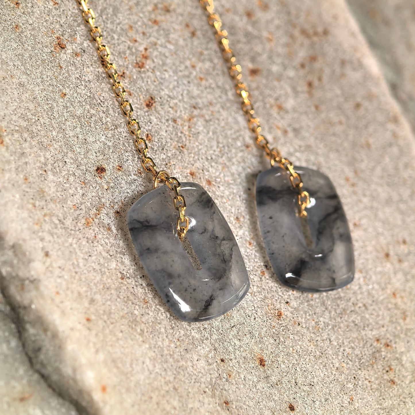 Natural Grade-A Icy Black-Gray Jadeite 18K Gold Thread Earrings · Burmese Jade