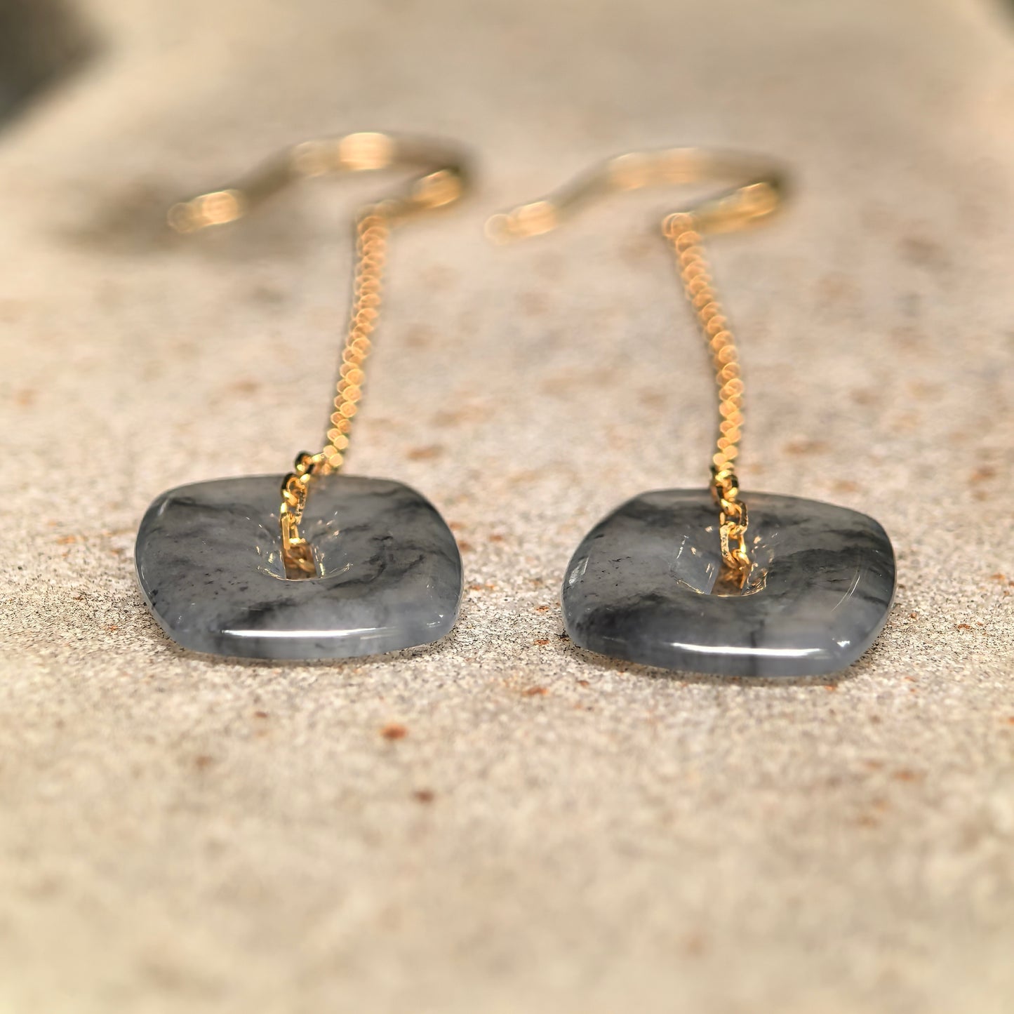 Natural Grade-A Icy Black-Gray Jadeite 18K Gold Thread Earrings · Burmese Jade