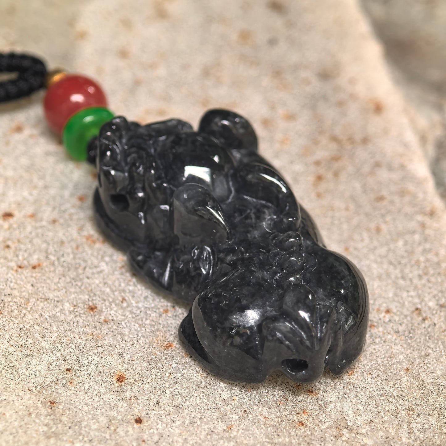 Natural Grade-A Jadeite Glutinous Black Pixiu Pendant · Burmese Jade