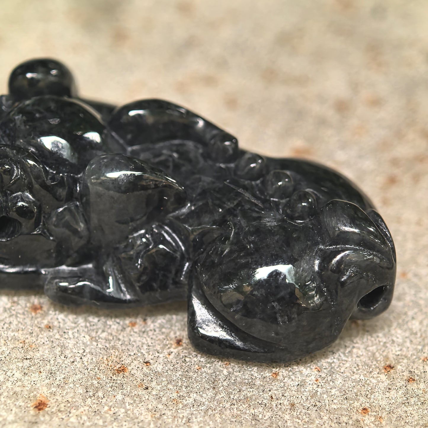 Natural Grade-A Jadeite Glutinous Black Pixiu Pendant · Burmese Jade