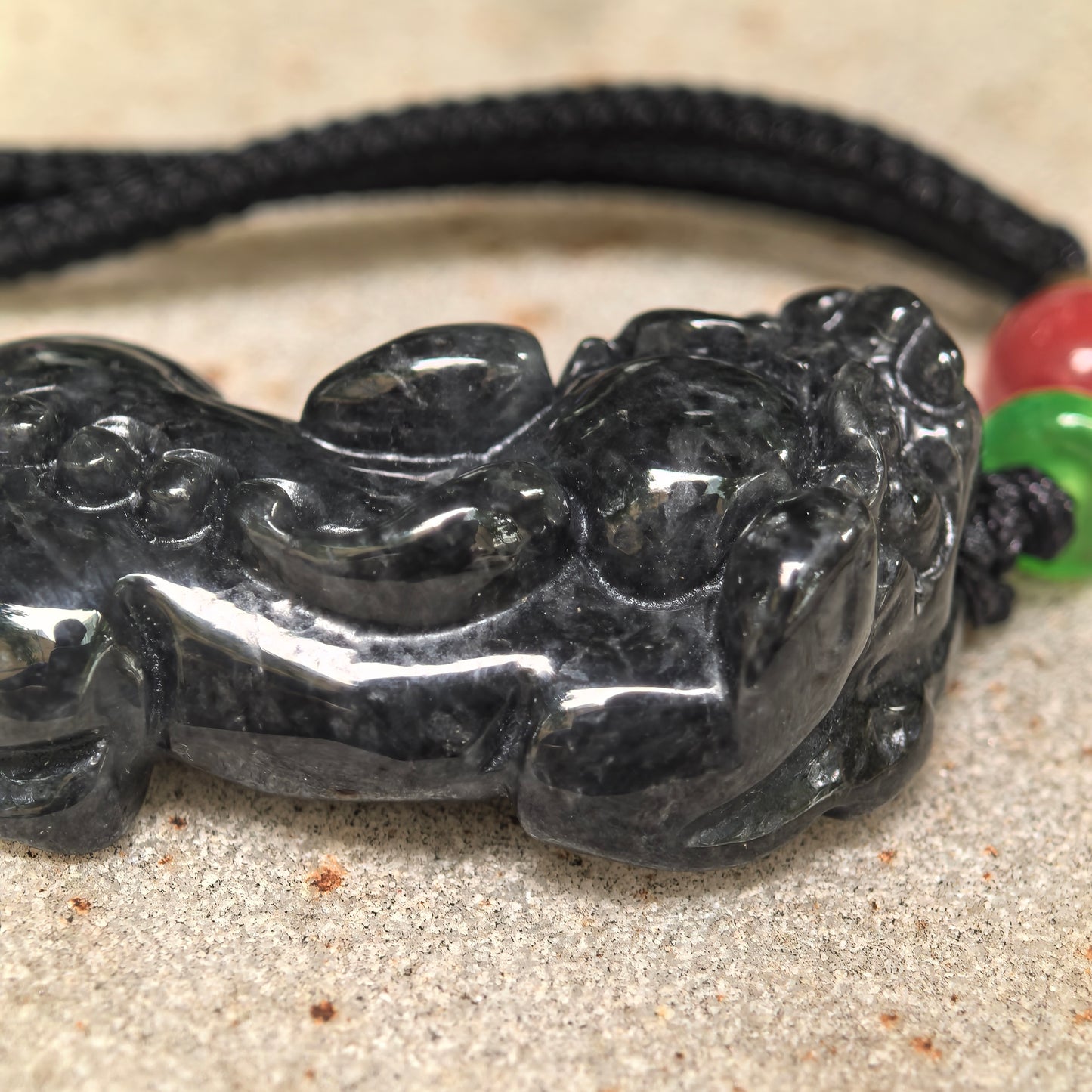 Natural Grade-A Jadeite Glutinous Black Pixiu Pendant · Burmese Jade