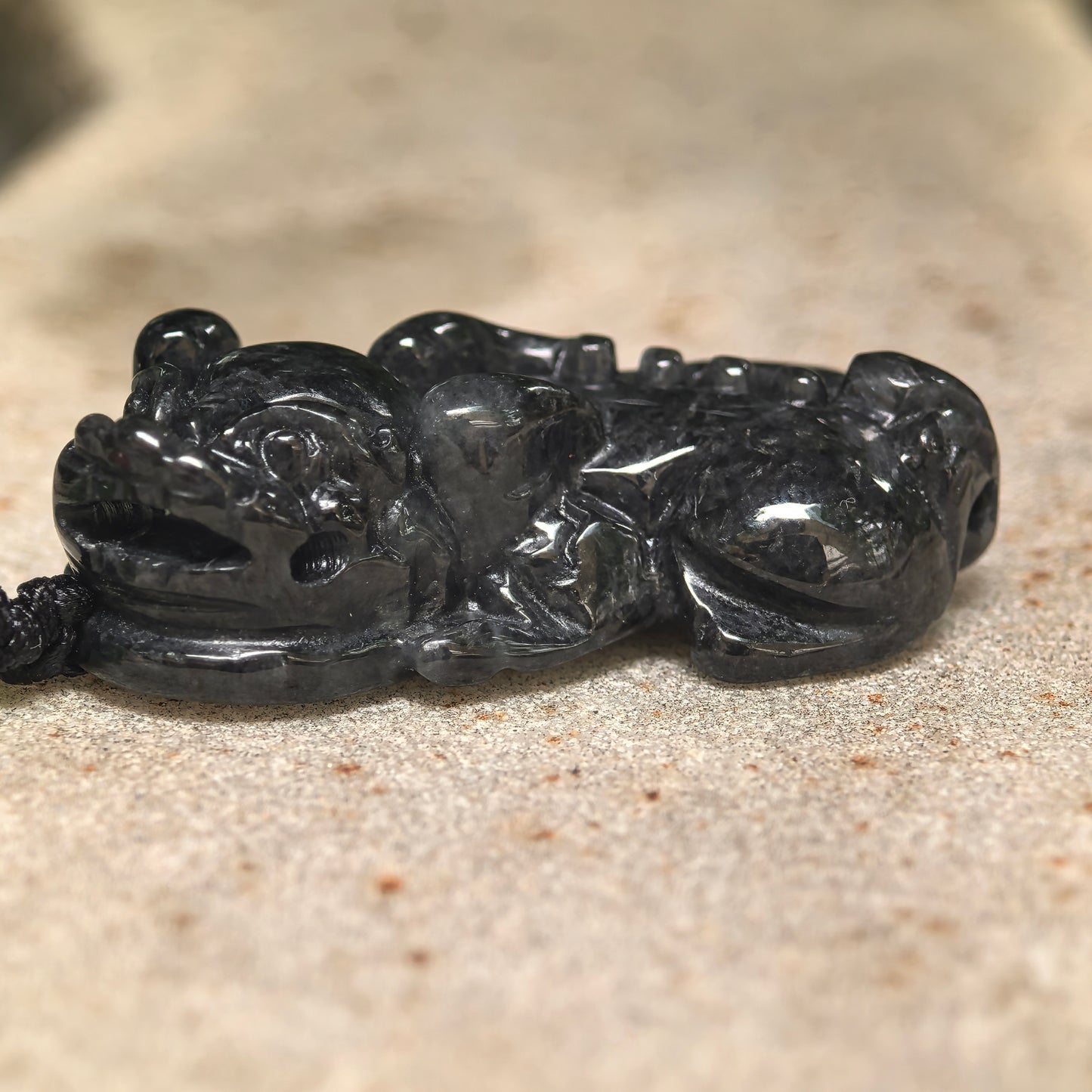 Natural Grade-A Jadeite Glutinous Black Pixiu Pendant · Burmese Jade