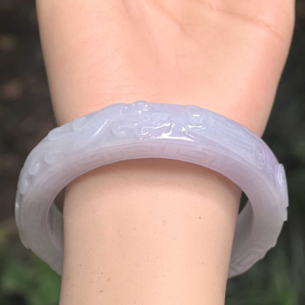 Glutinous White Large Carved D-Shape Jadeite Bangle – 60mm