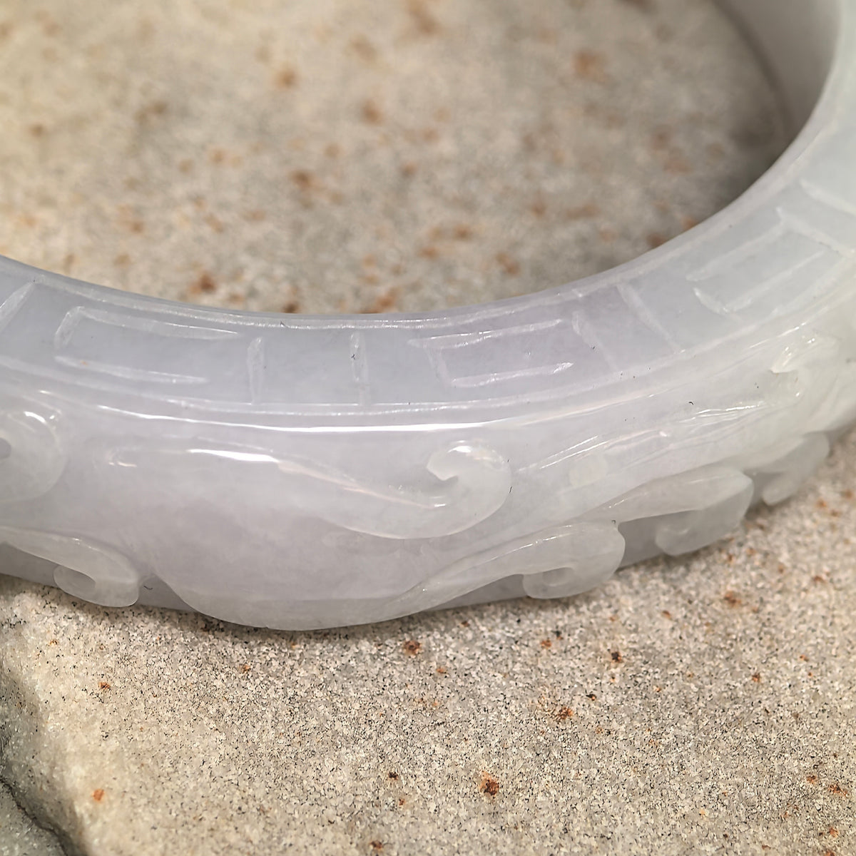 Glutinous White Large Carved D-Shape Jadeite Bangle – 60mm