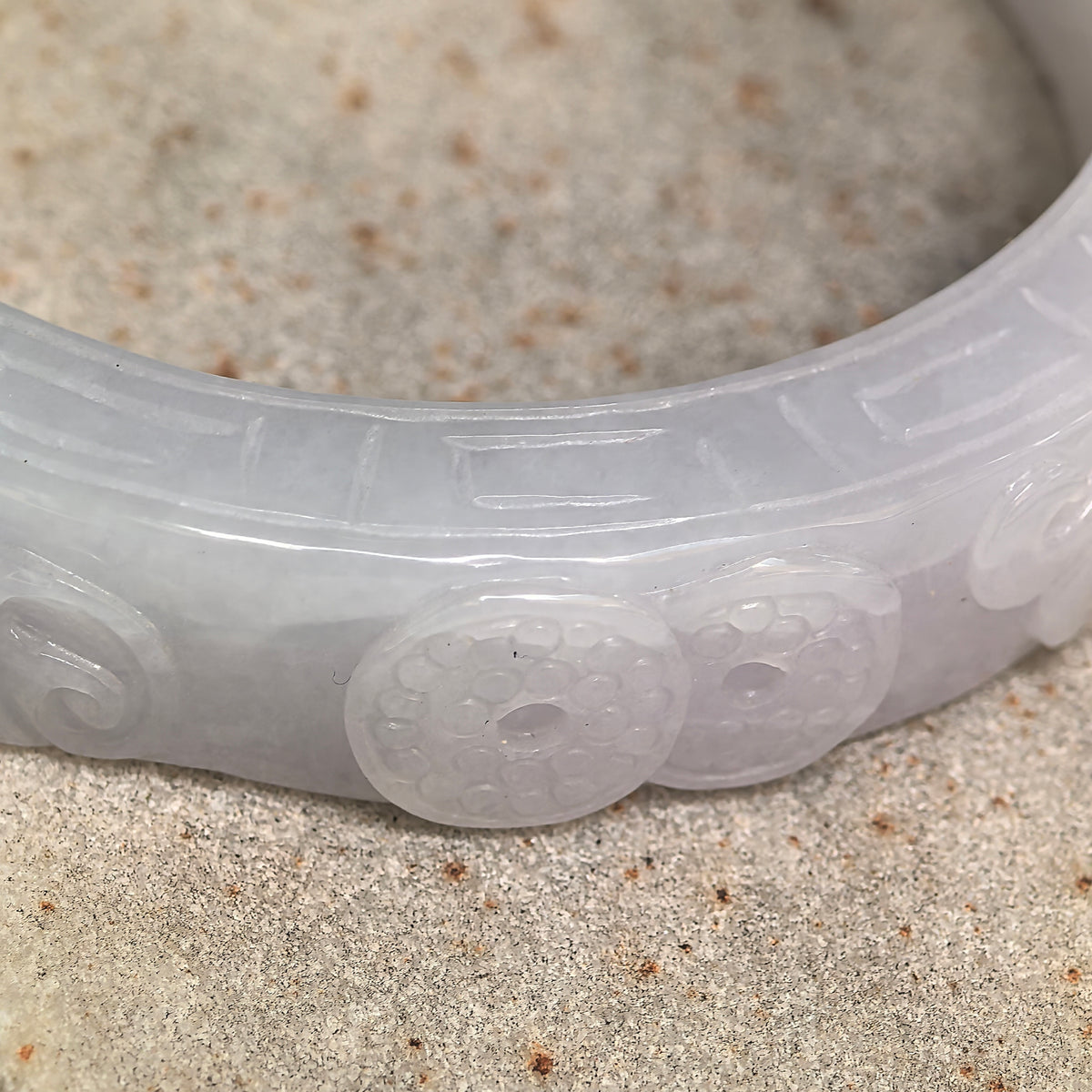 Glutinous White Large Carved D-Shape Jadeite Bangle – 60mm