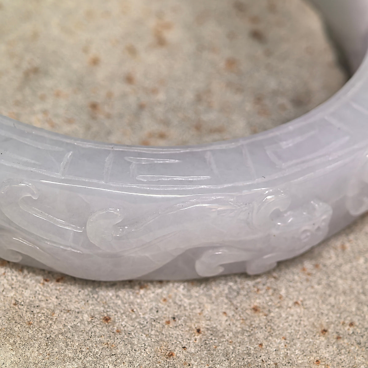 Glutinous White Large Carved D-Shape Jadeite Bangle – 60mm
