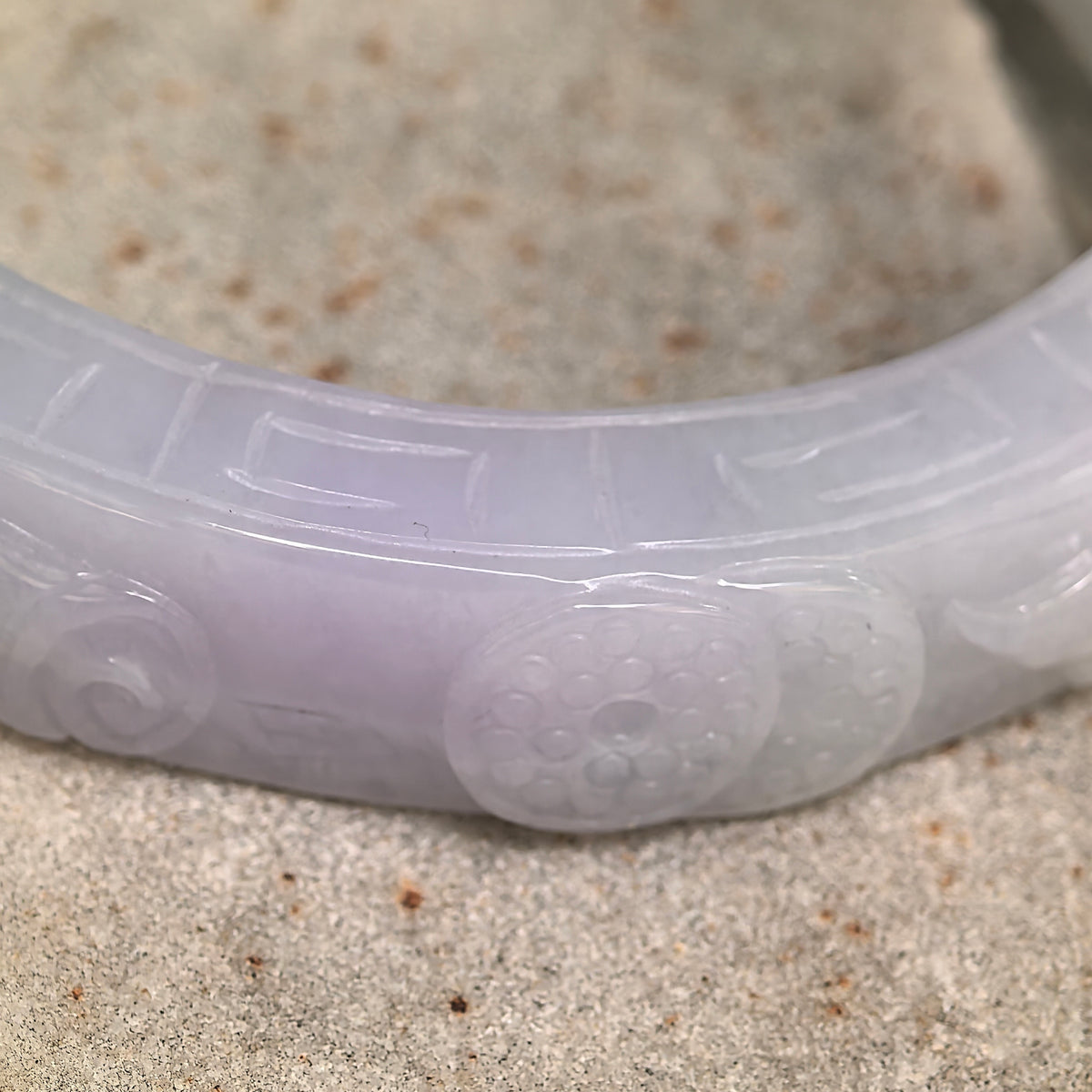 Glutinous White Large Carved D-Shape Jadeite Bangle – 60mm