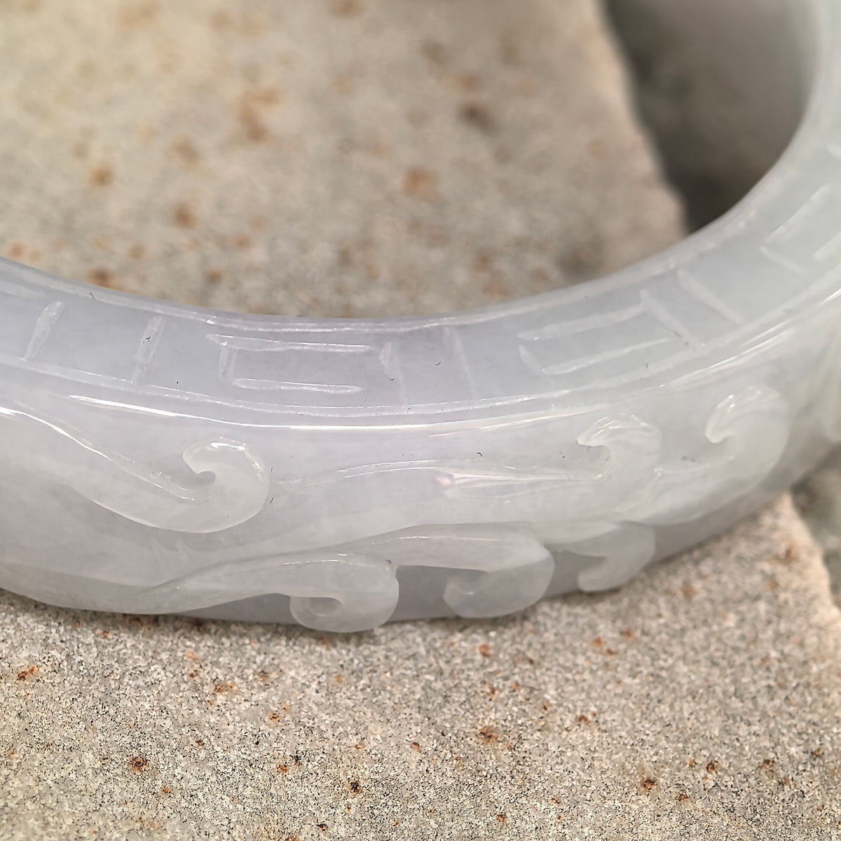 Glutinous White Large Carved D-Shape Jadeite Bangle – 60mm