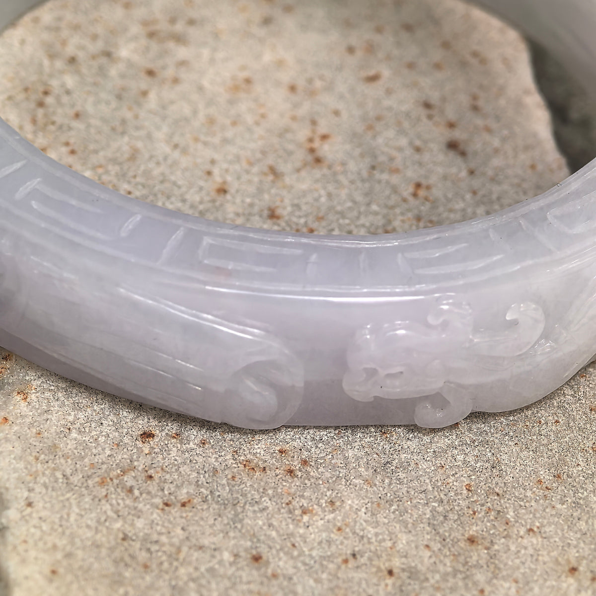 Glutinous White Large Carved D-Shape Jadeite Bangle – 60mm