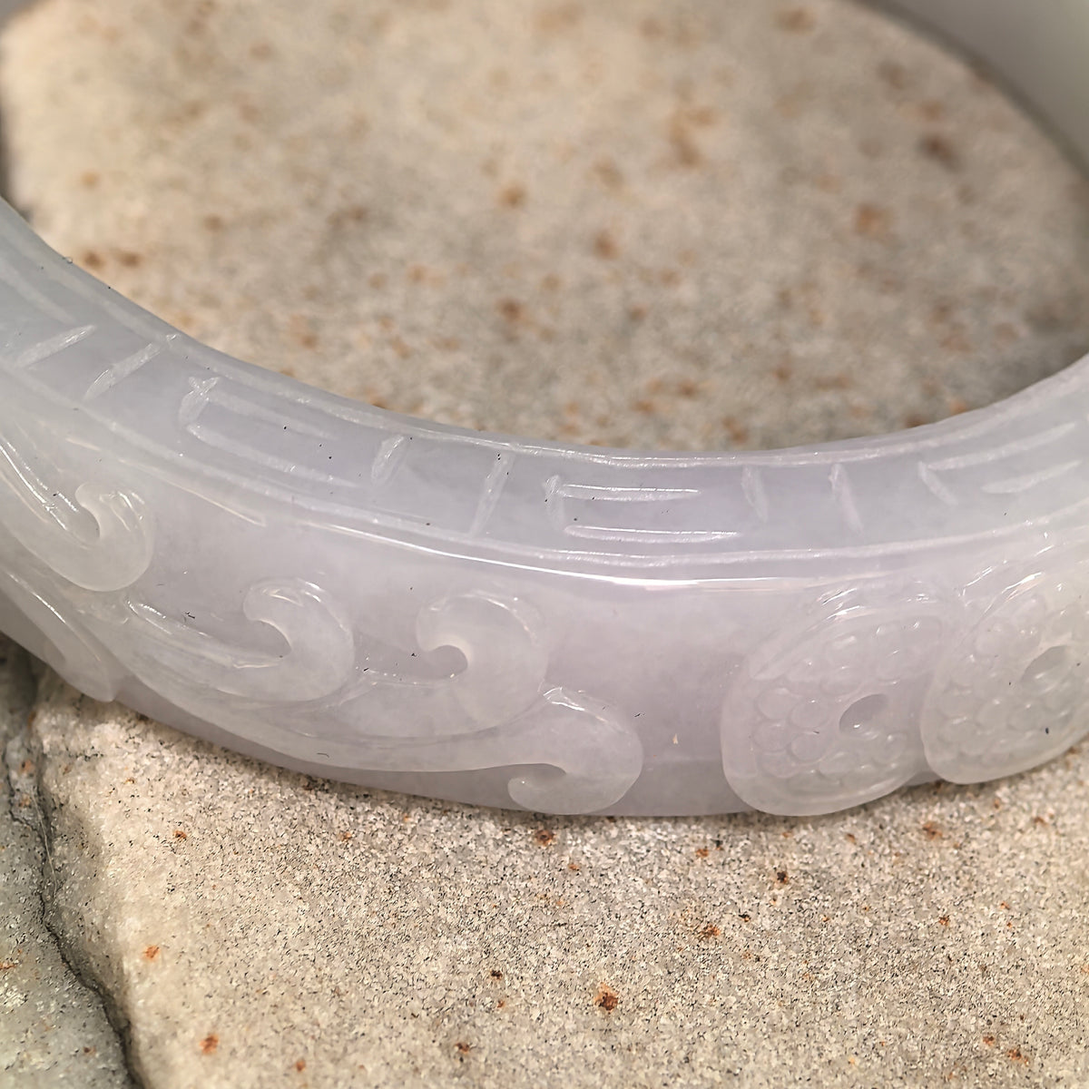 Glutinous White Large Carved D-Shape Jadeite Bangle – 60mm