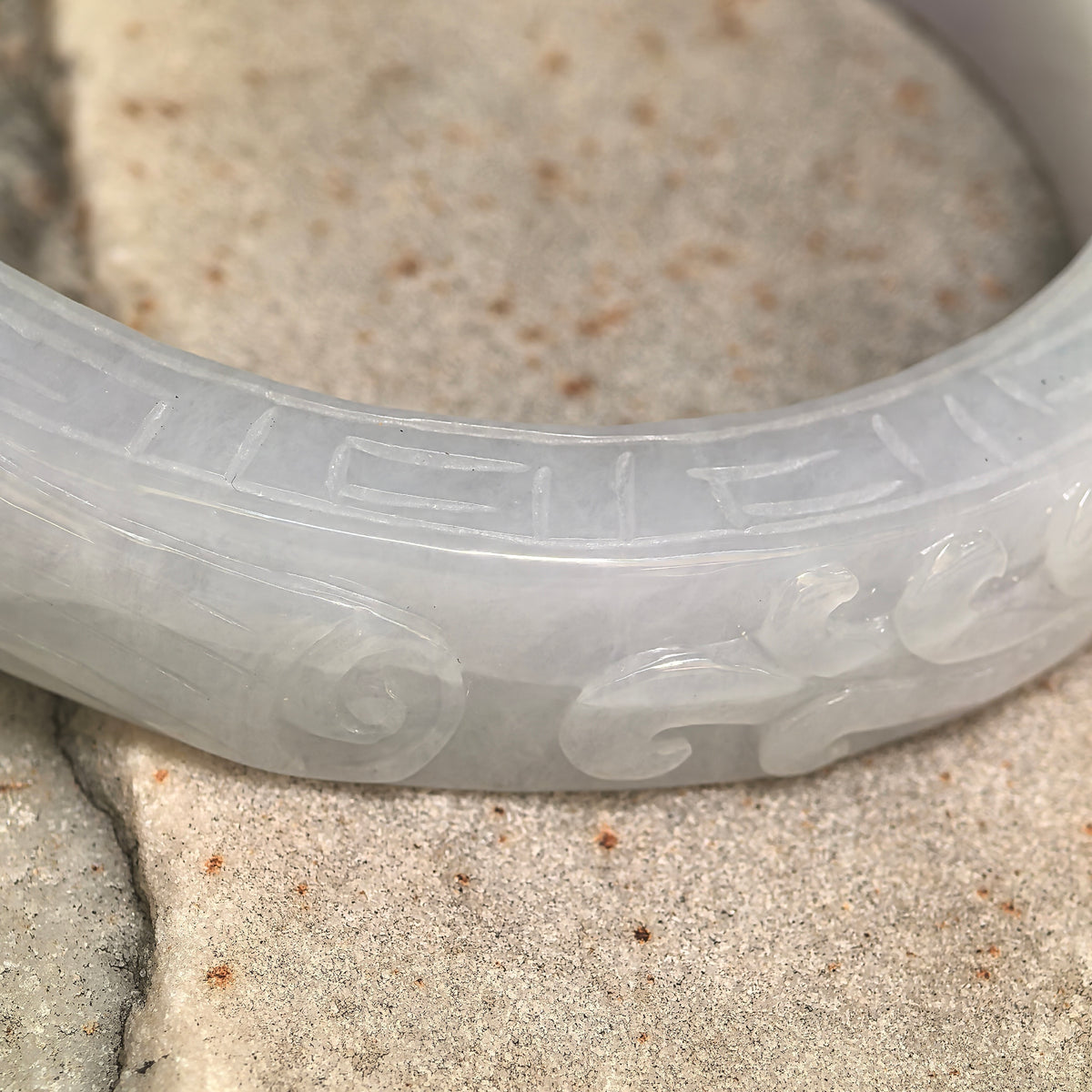 Glutinous White Large Carved D-Shape Jadeite Bangle – 60mm