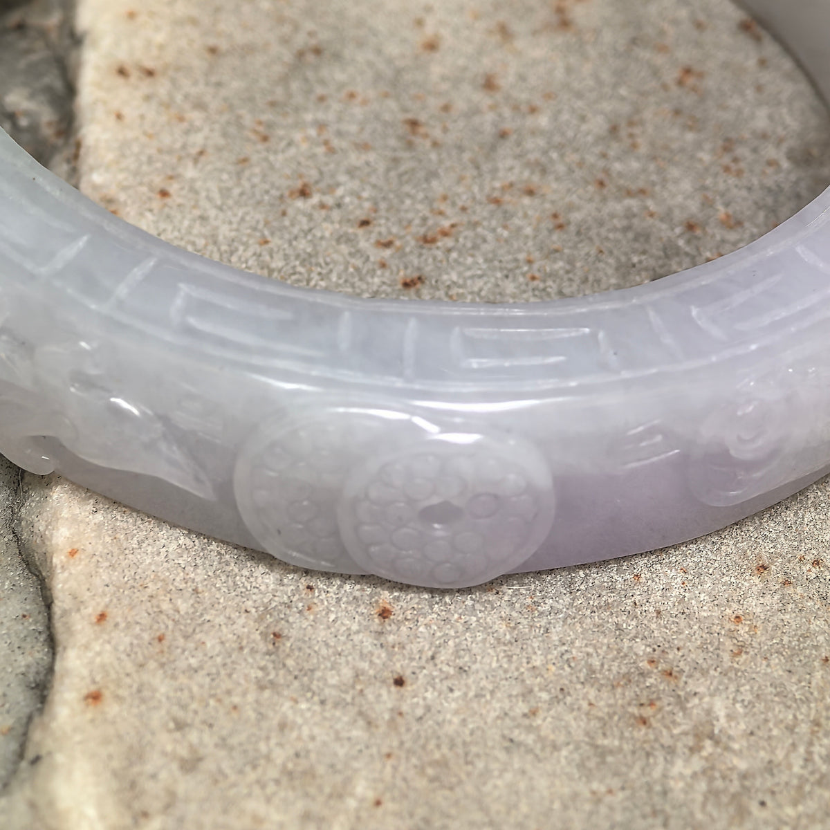 Glutinous White Large Carved D-Shape Jadeite Bangle – 60mm