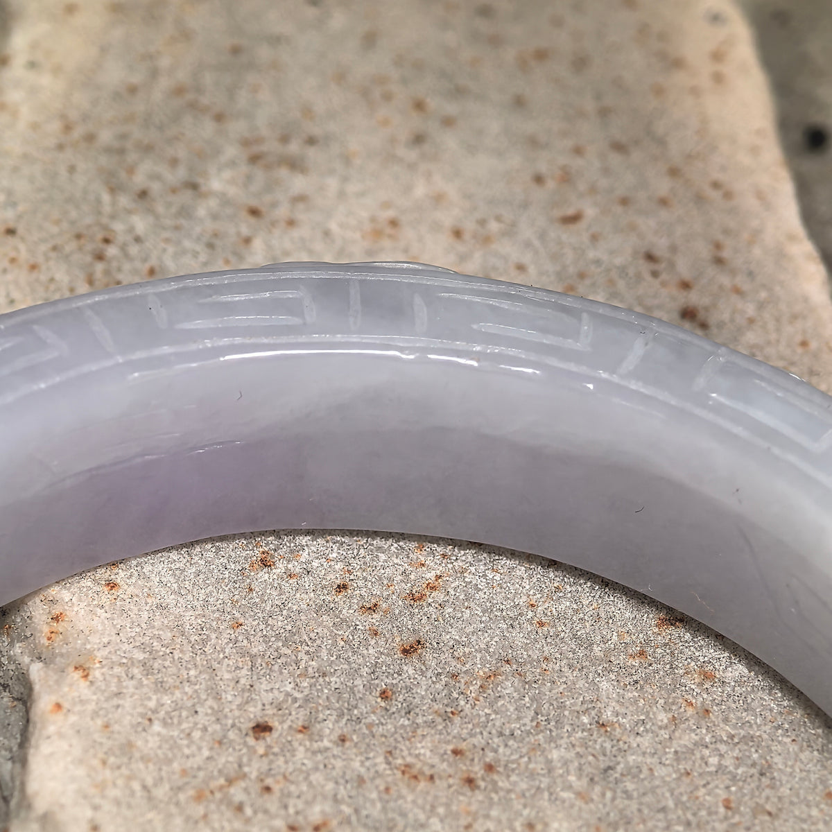 Glutinous White Large Carved D-Shape Jadeite Bangle – 60mm