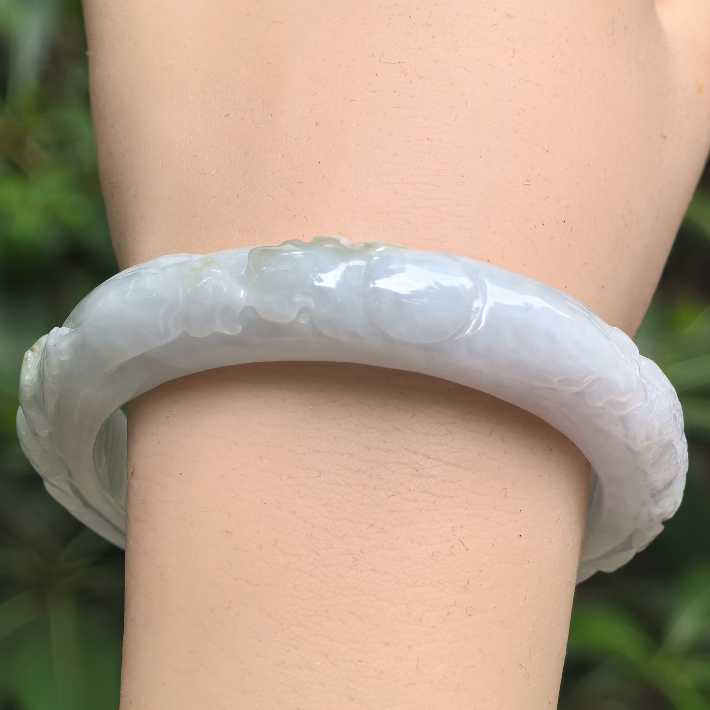 Natural Grade-A Glutinous White Carved D-Shape Jadeite Bangle · Burmese Jade 55mm