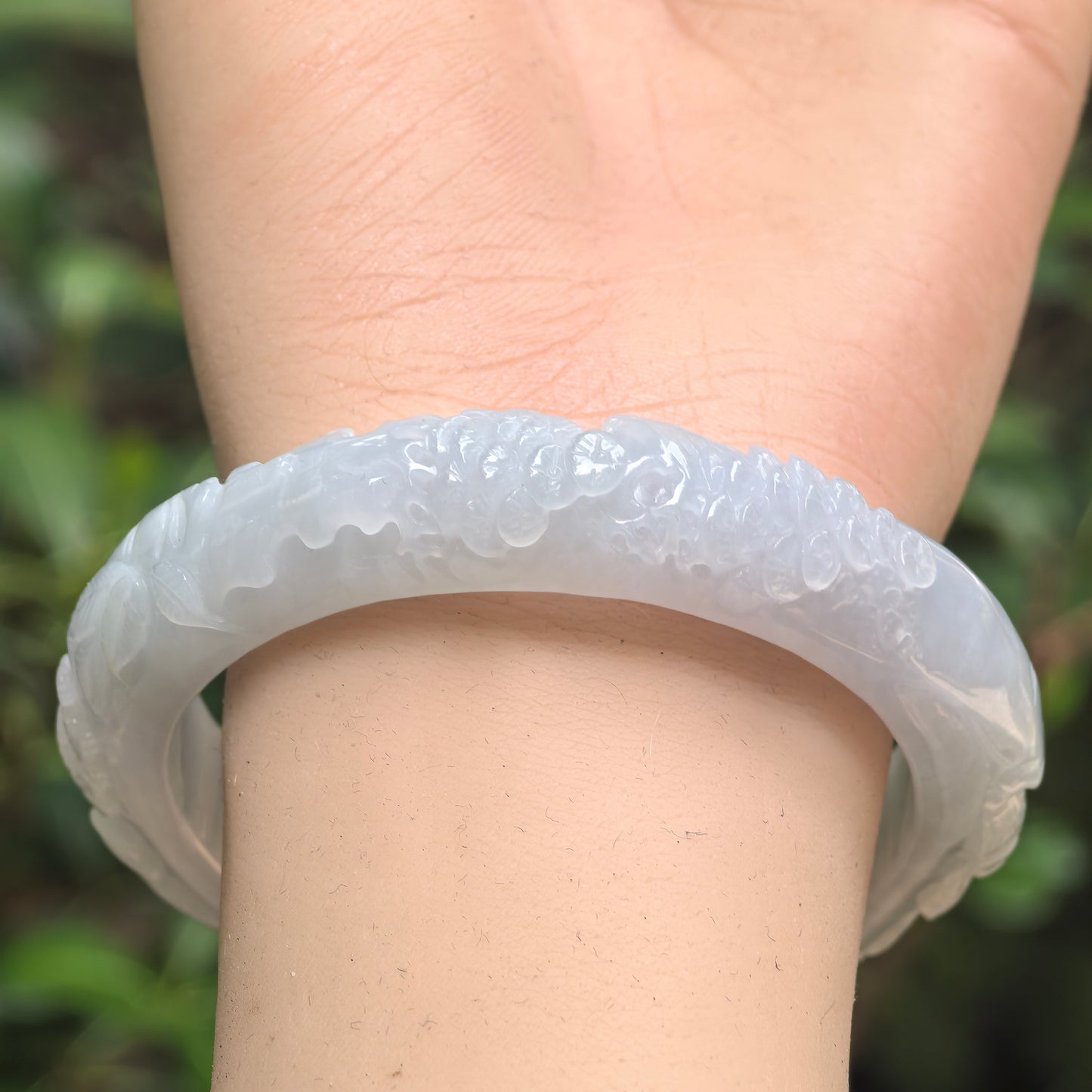 Natural Grade-A Glutinous White Carved D-Shape Jadeite Bangle · Burmese Jade 55mm