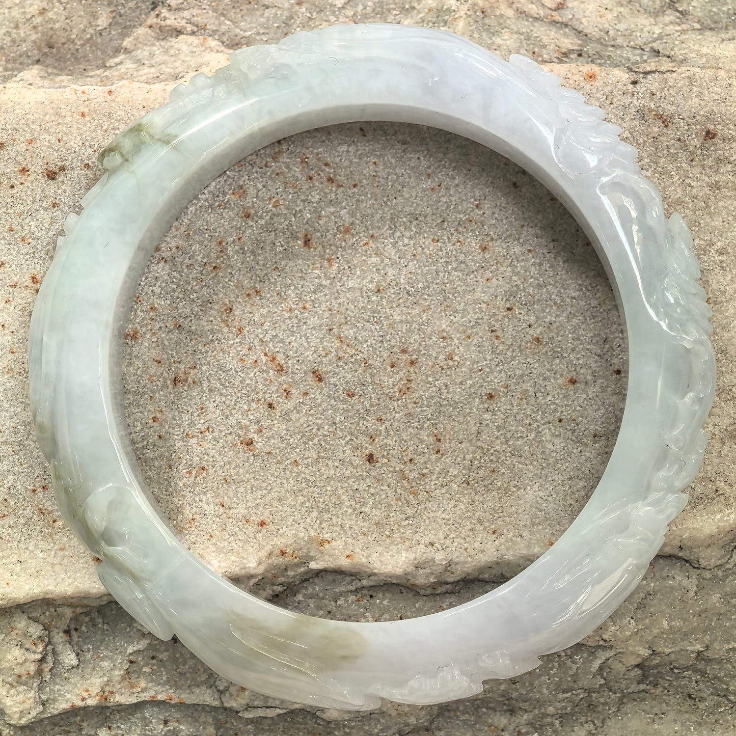 Natural Grade-A Glutinous White Carved D-Shape Jadeite Bangle · Burmese Jade 55mm