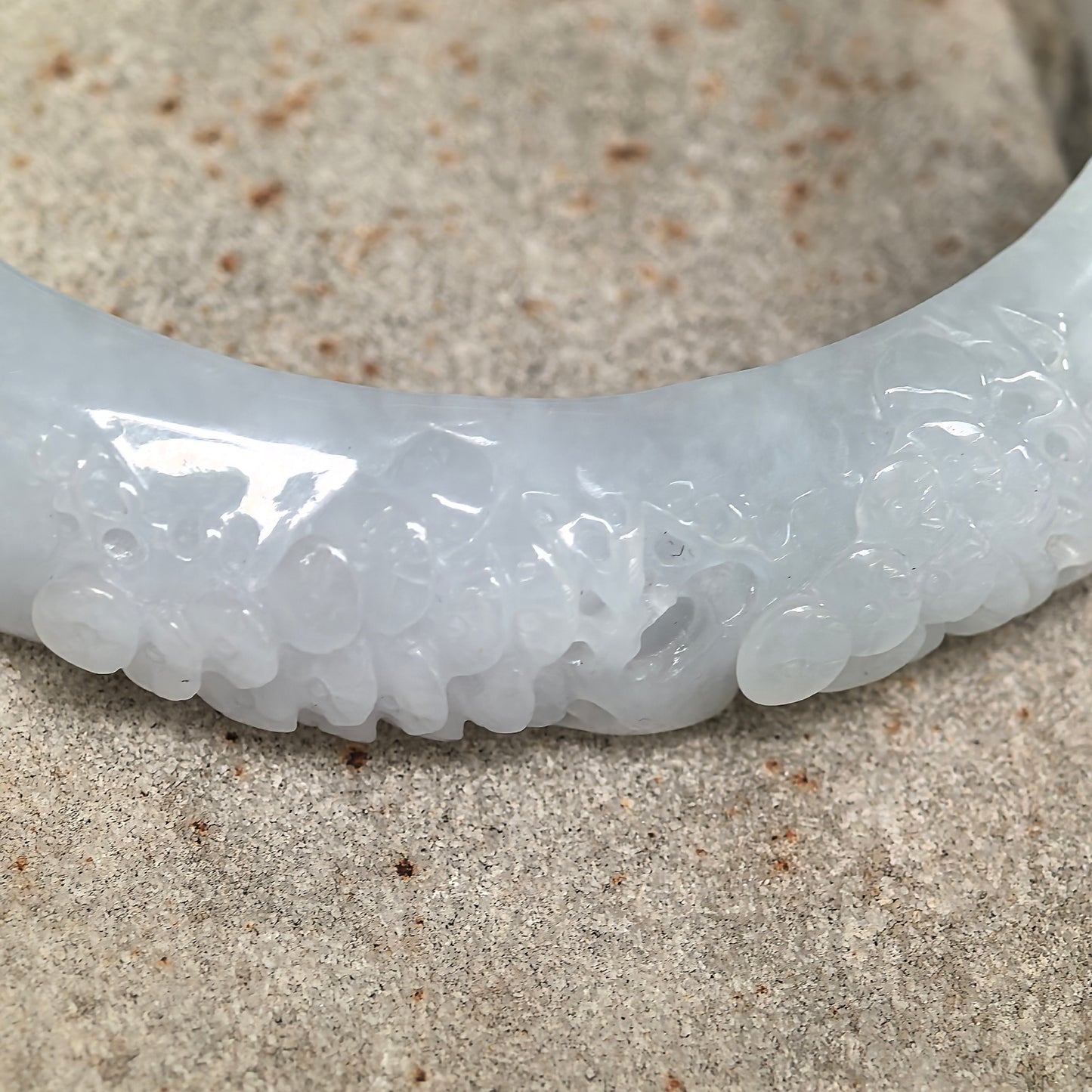 Natural Grade-A Glutinous White Carved D-Shape Jadeite Bangle · Burmese Jade 55mm