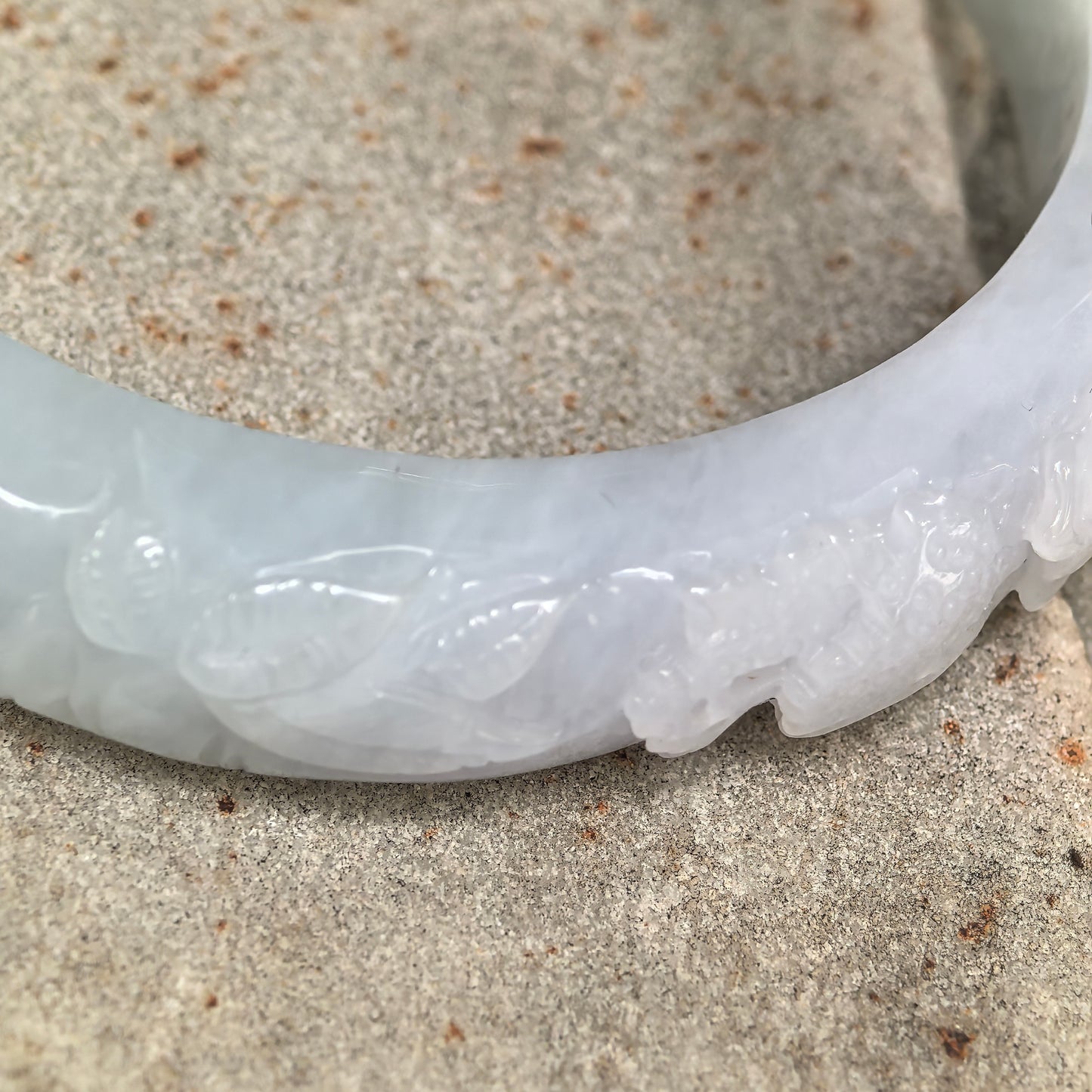 Natural Grade-A Glutinous White Carved D-Shape Jadeite Bangle · Burmese Jade 55mm
