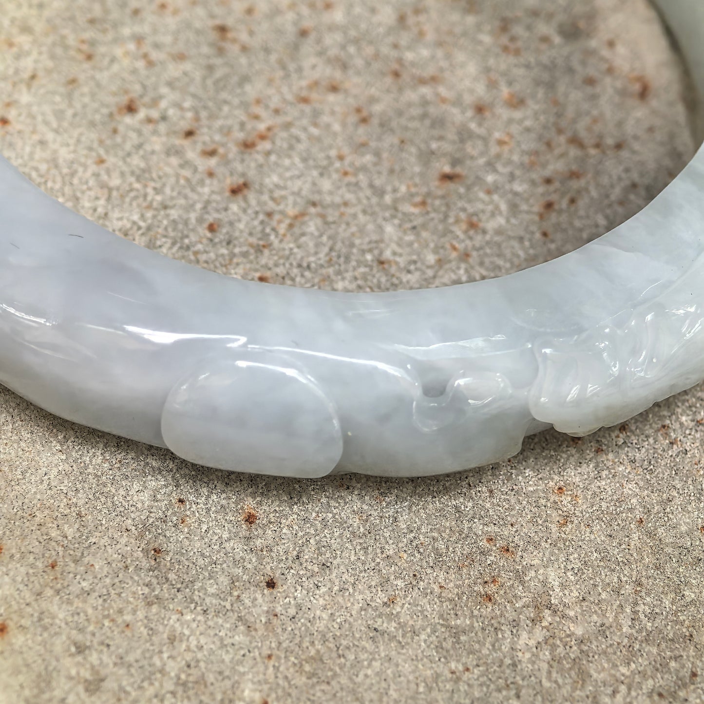 Natural Grade-A Glutinous White Carved D-Shape Jadeite Bangle · Burmese Jade 55mm