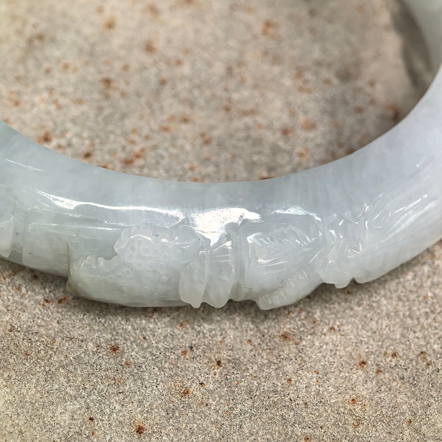 Natural Grade-A Glutinous White Carved D-Shape Jadeite Bangle · Burmese Jade 55mm