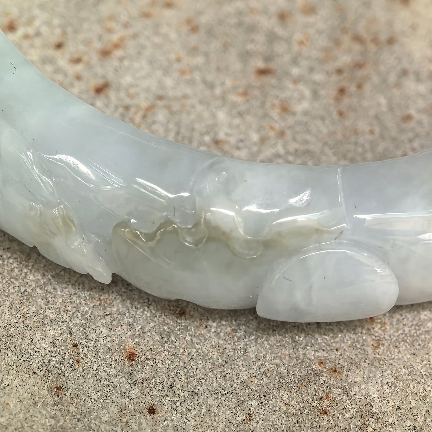 Natural Grade-A Glutinous White Carved D-Shape Jadeite Bangle · Burmese Jade 55mm