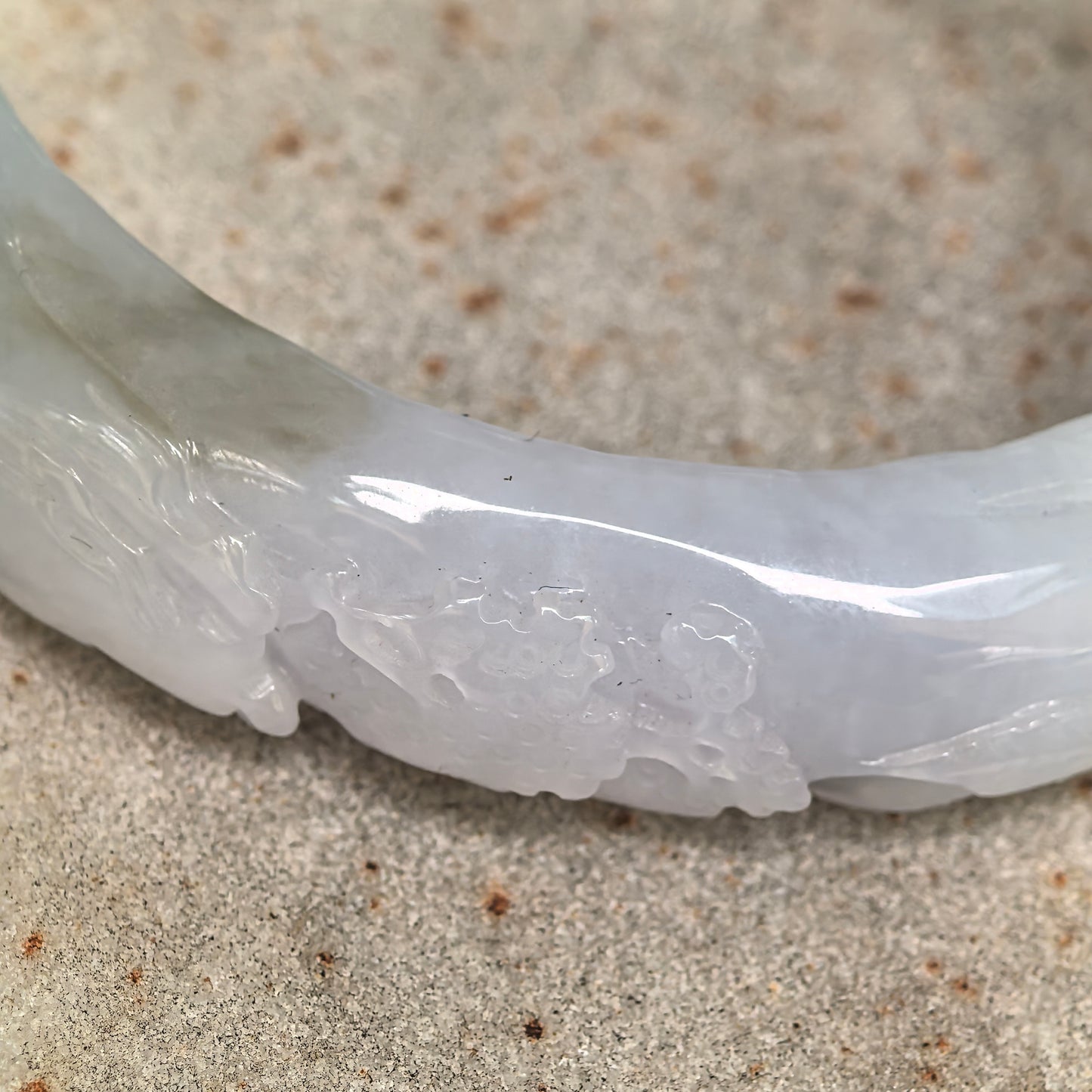 Natural Grade-A Glutinous White Carved D-Shape Jadeite Bangle · Burmese Jade 55mm