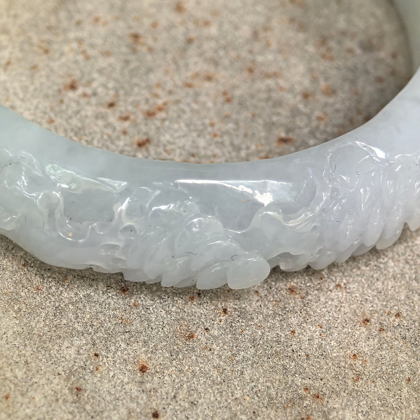 Natural Grade-A Glutinous White Carved D-Shape Jadeite Bangle · Burmese Jade 55mm