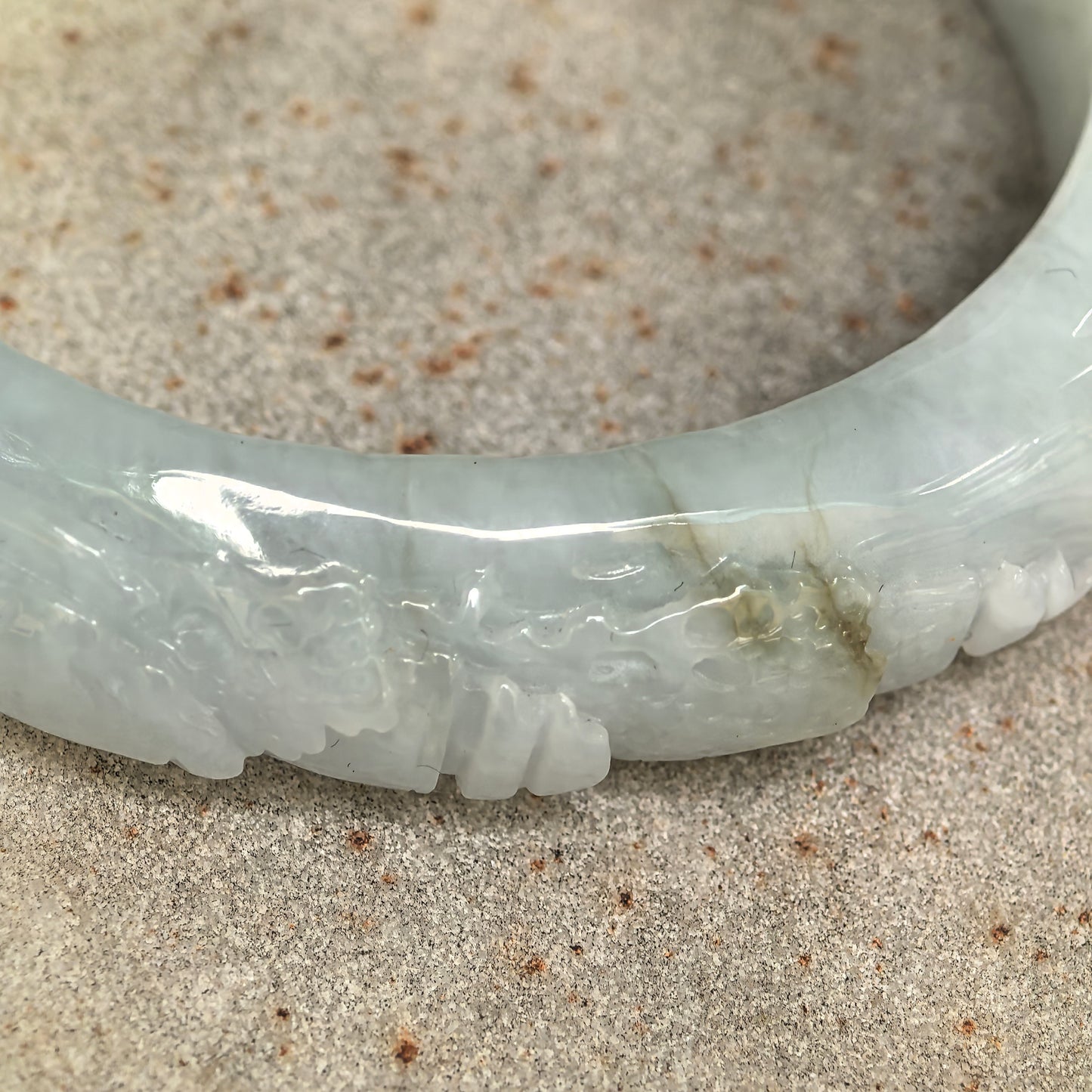 Natural Grade-A Glutinous White Carved D-Shape Jadeite Bangle · Burmese Jade 55mm