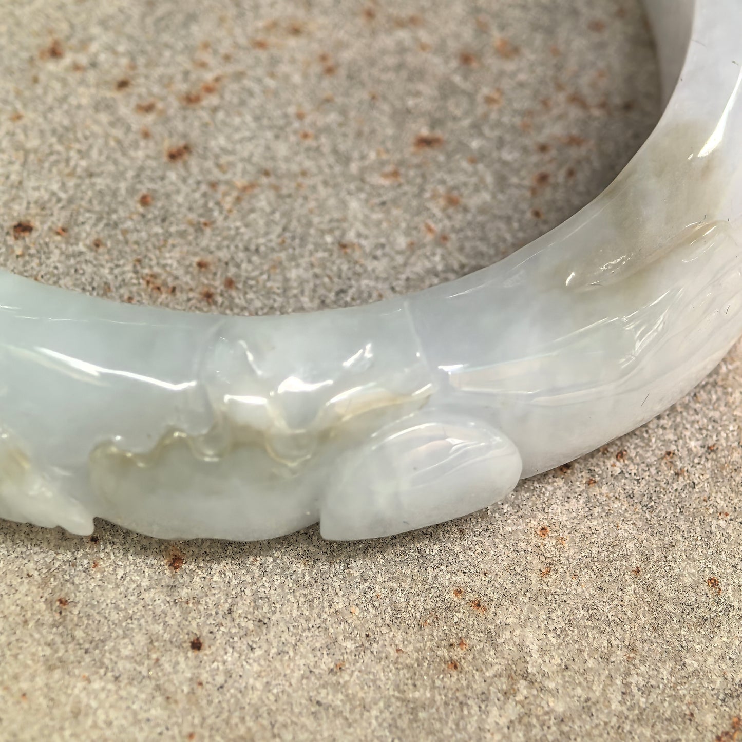 Natural Grade-A Glutinous White Carved D-Shape Jadeite Bangle · Burmese Jade 55mm