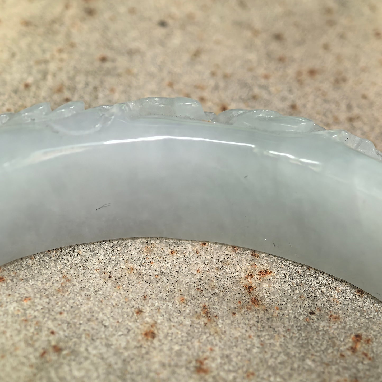 Natural Grade-A Glutinous White Carved D-Shape Jadeite Bangle · Burmese Jade 55mm