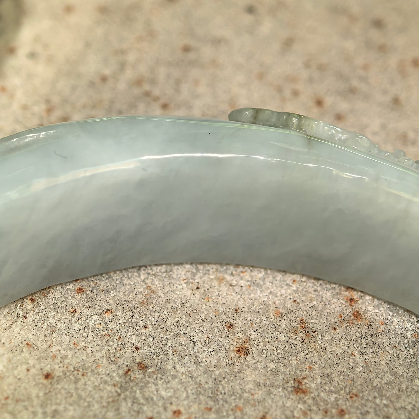 Natural Grade-A Glutinous White Carved D-Shape Jadeite Bangle · Burmese Jade 55mm
