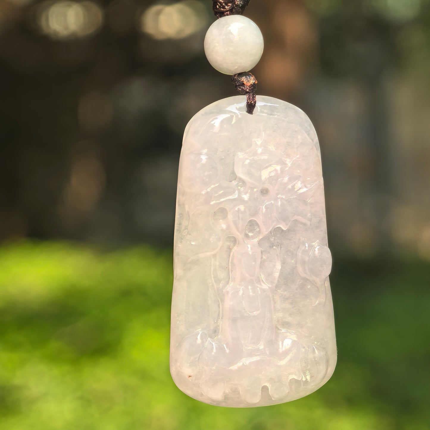 Natural Grade-A Icy Glutinous White Abstract Guanyin Jadeite Pendant · Burmese Jade