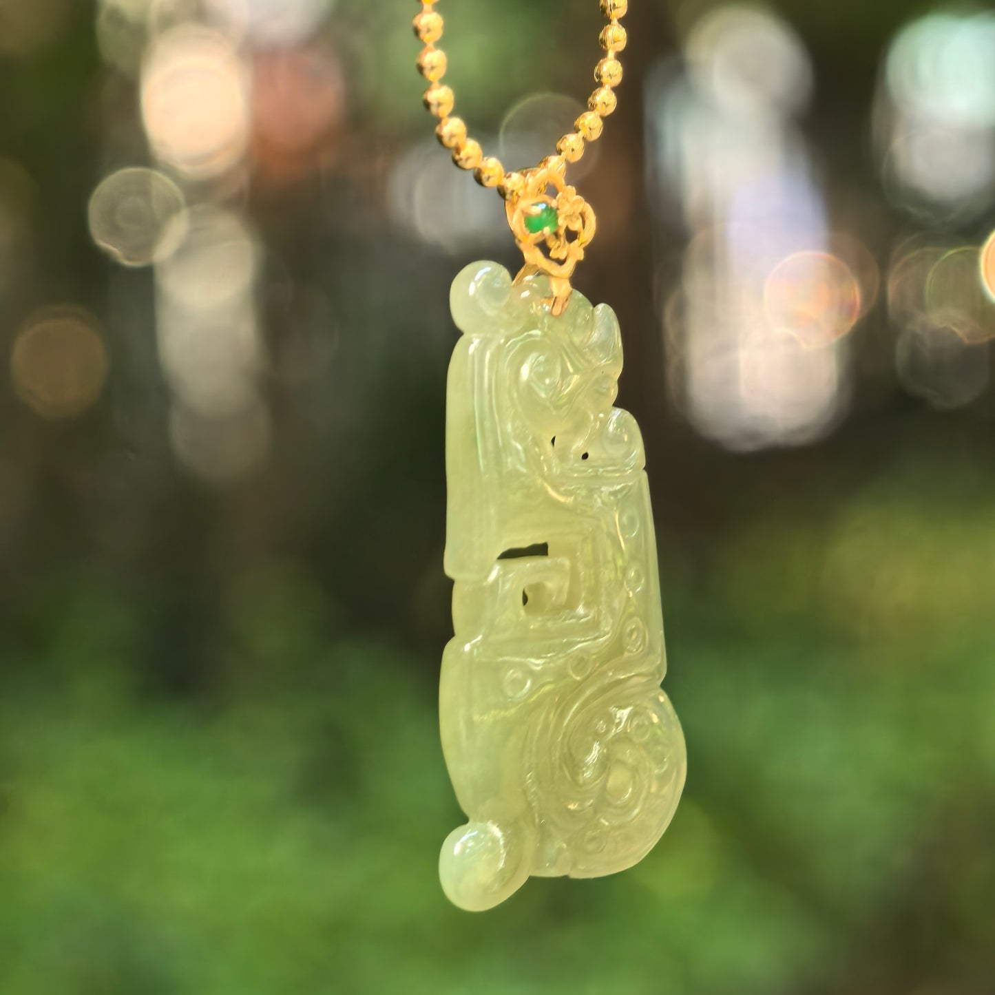 Natural Grade-A Icy Glutinous Yellow-Green Archaic Kui Dragon Jadeite Pendant · Burmese Jade
