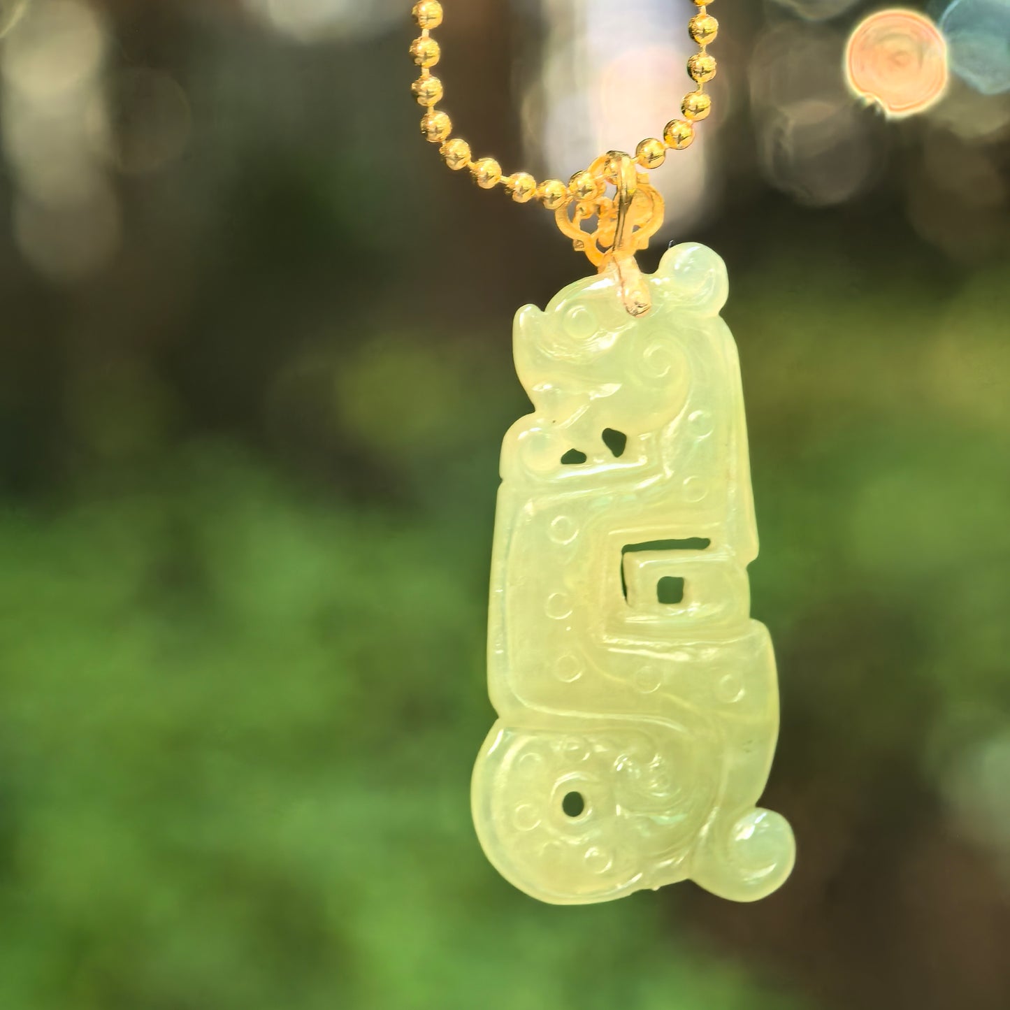 Natural Grade-A Icy Glutinous Yellow-Green Archaic Kui Dragon Jadeite Pendant · Burmese Jade