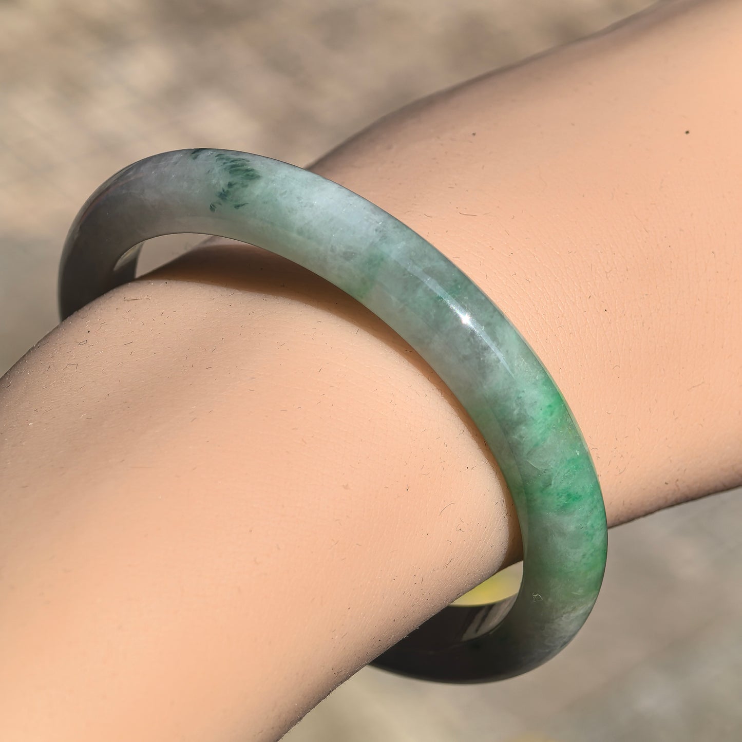 Natural Grade-A Glutinous White-Base Green D-Shape Jadeite Bangle · Burmese Jade 50mm