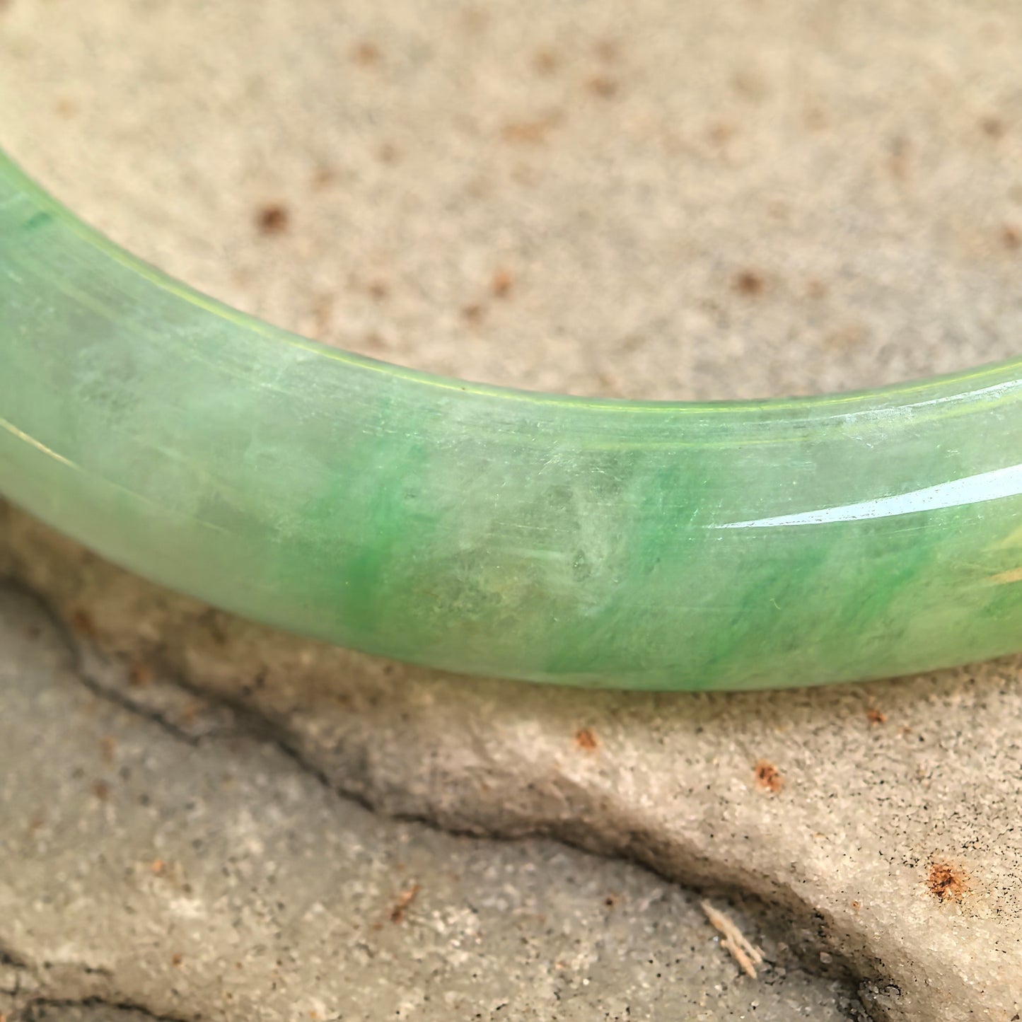 Natural Grade-A Glutinous White-Base Green D-Shape Jadeite Bangle · Burmese Jade 50mm