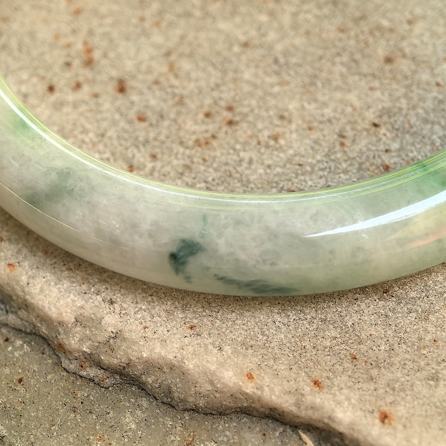 Natural Grade-A Glutinous White-Base Green D-Shape Jadeite Bangle · Burmese Jade 50mm