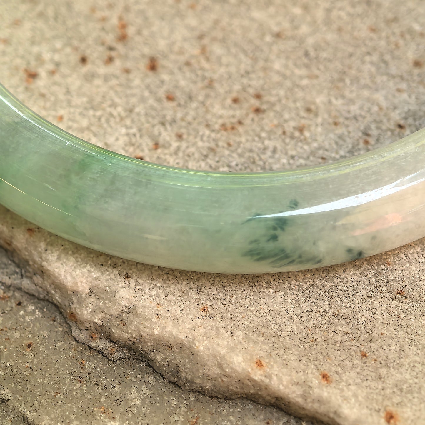Natural Grade-A Glutinous White-Base Green D-Shape Jadeite Bangle · Burmese Jade 50mm