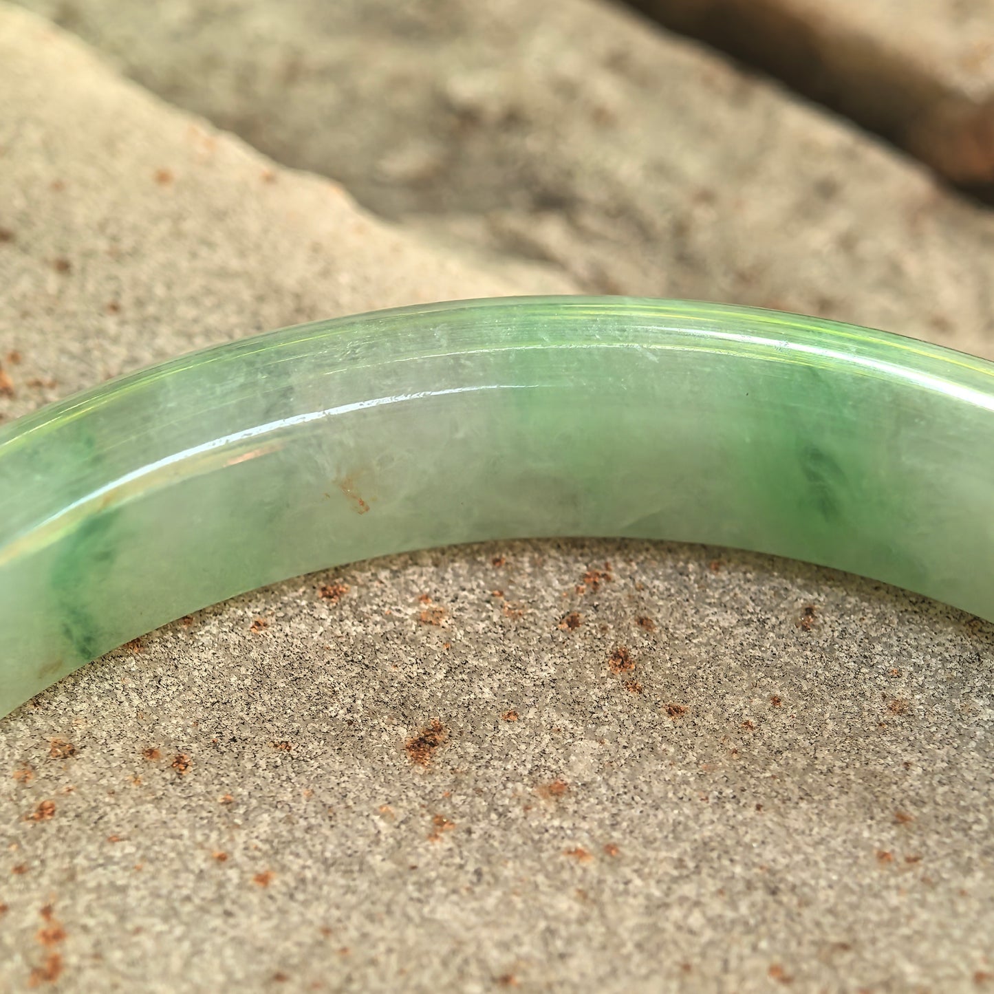 Natural Grade-A Glutinous White-Base Green D-Shape Jadeite Bangle · Burmese Jade 50mm