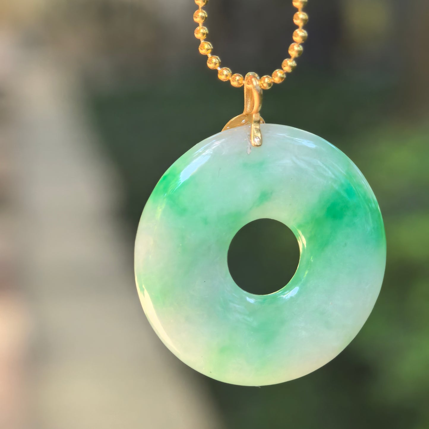 Natural Grade-A Glutinous White-Base Green Donut Jadeite Pendant · Burmese Jade