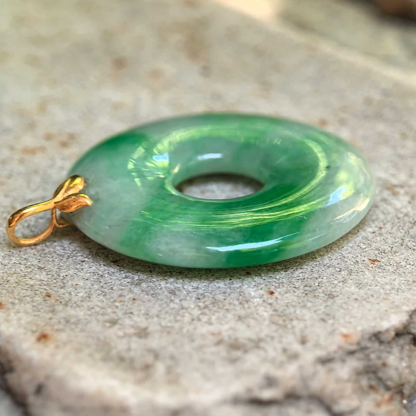 Natural Grade-A Glutinous White-Base Green Donut Jadeite Pendant · Burmese Jade
