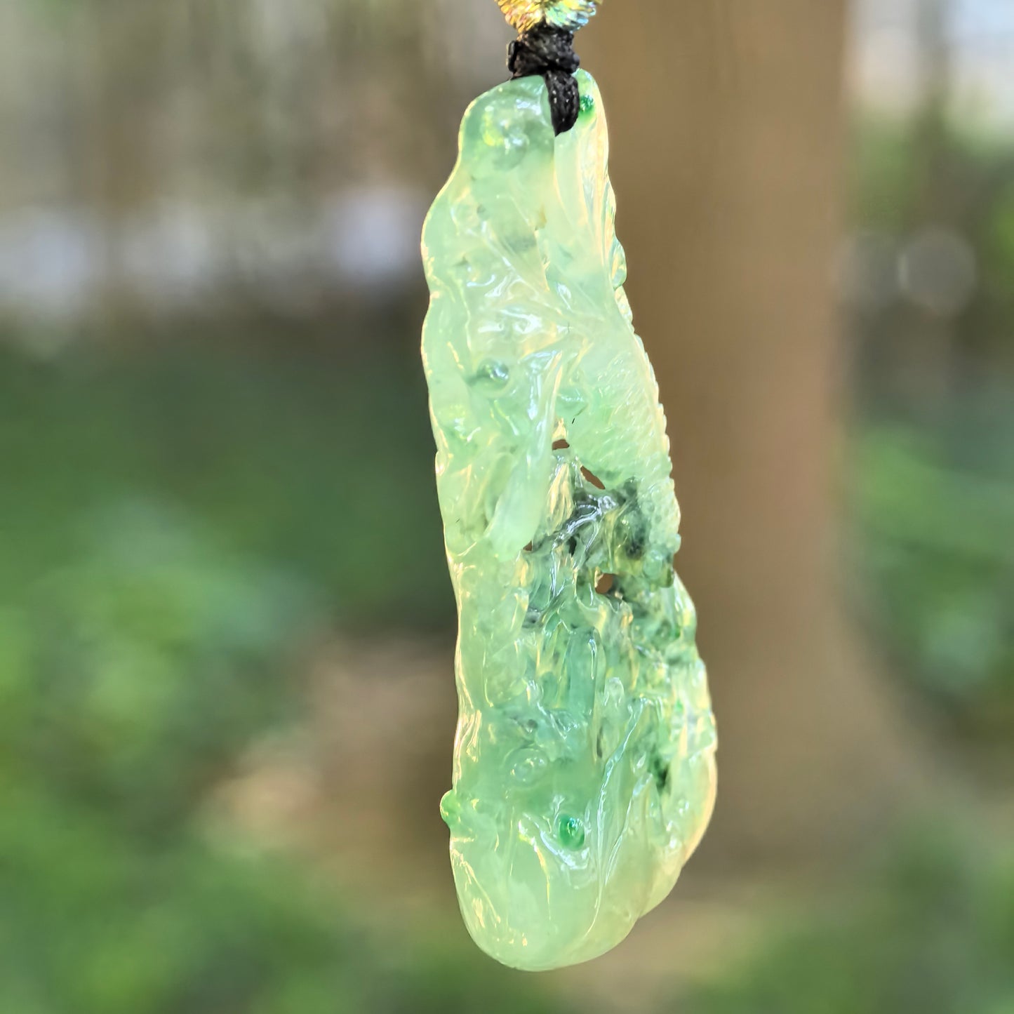 Natural Grade-A Jadeite Green Lotus and Fish Pendant · Burmese Jade