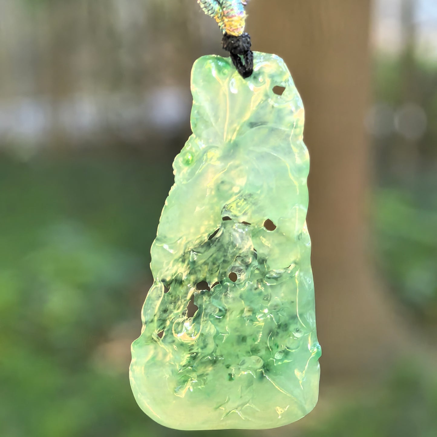 Natural Grade-A Jadeite Green Lotus and Fish Pendant · Burmese Jade