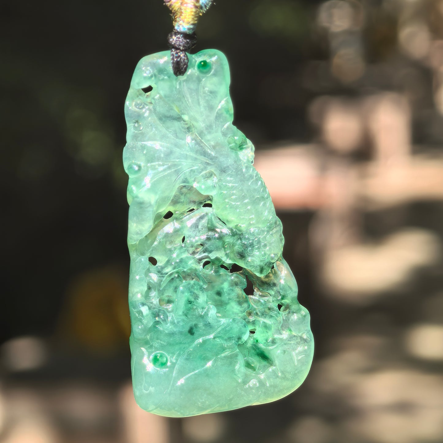 Natural Grade-A Jadeite Green Lotus and Fish Pendant · Burmese Jade
