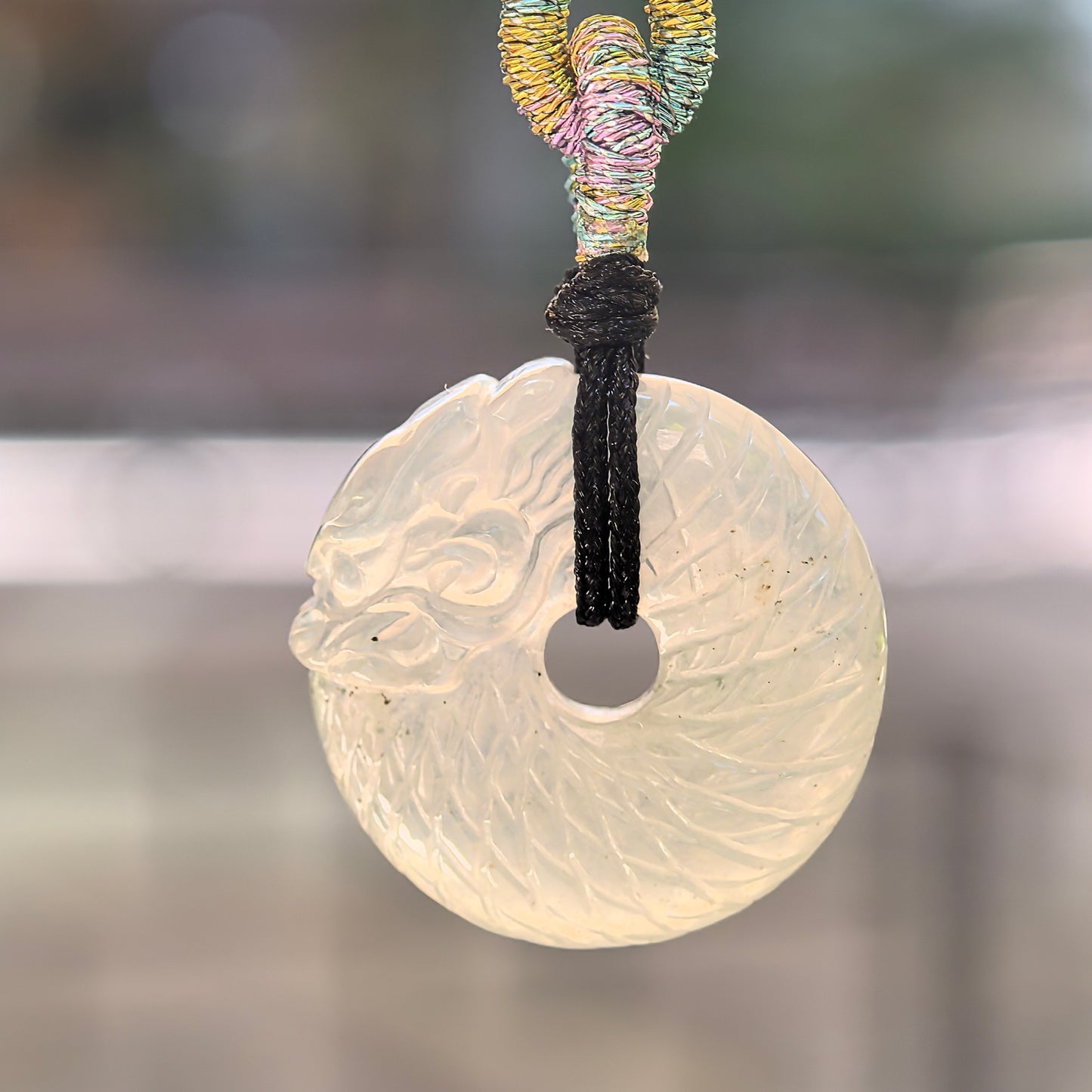Natural Grade-A Icy White Dragon Round Jadeite Pendant · Burmese Jade