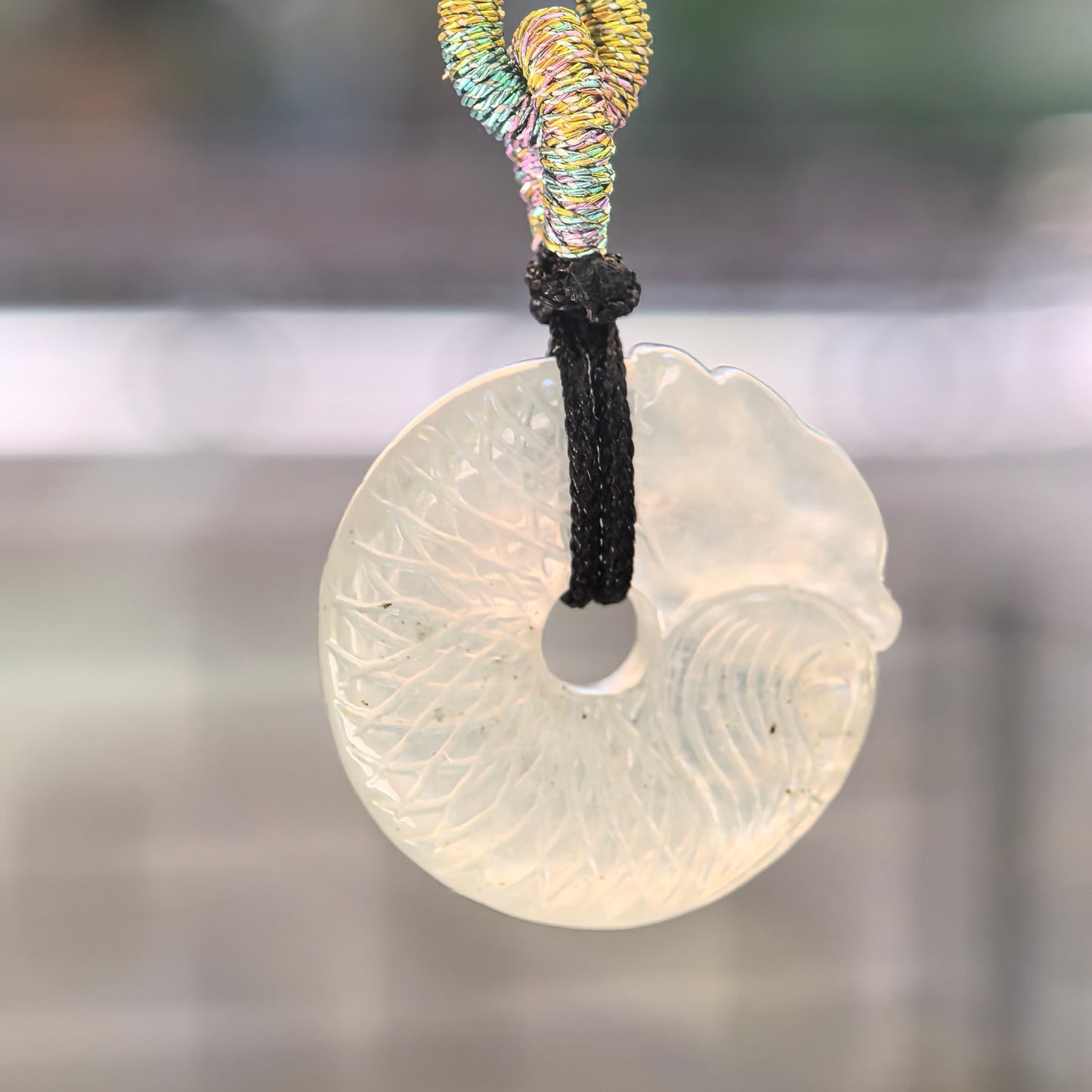 Natural Grade-A Icy White Dragon Round Jadeite Pendant · Burmese Jade