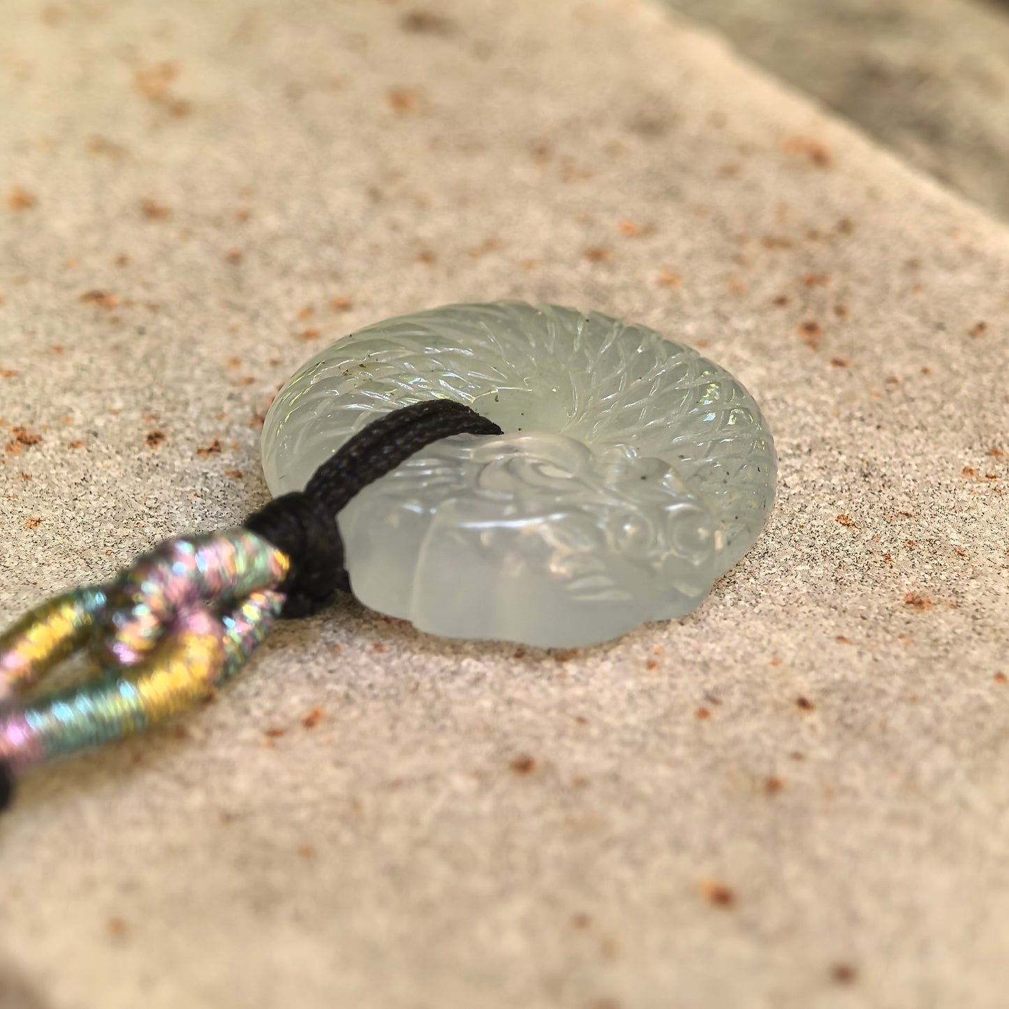 Natural Grade-A Icy White Dragon Round Jadeite Pendant · Burmese Jade