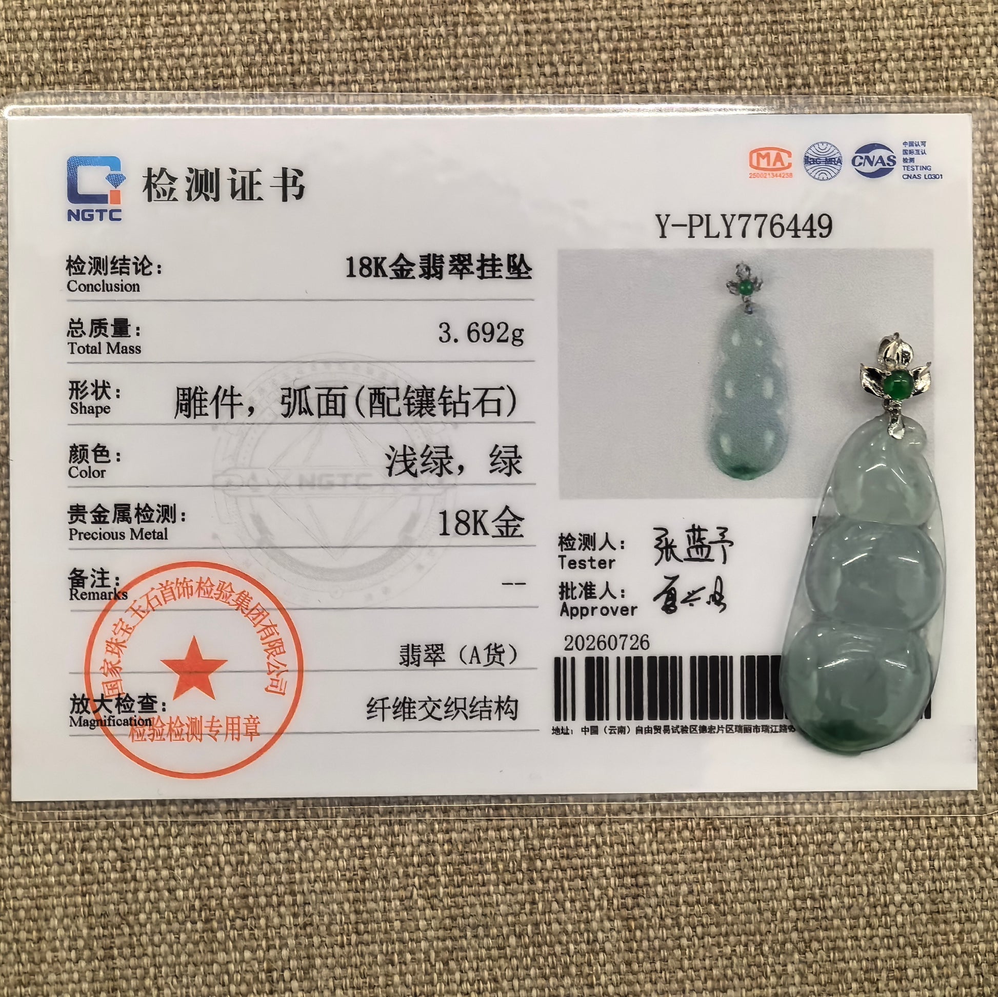 NGTC certified natural Grade-A light green bean jadeite pendant shown with its matching certificate.